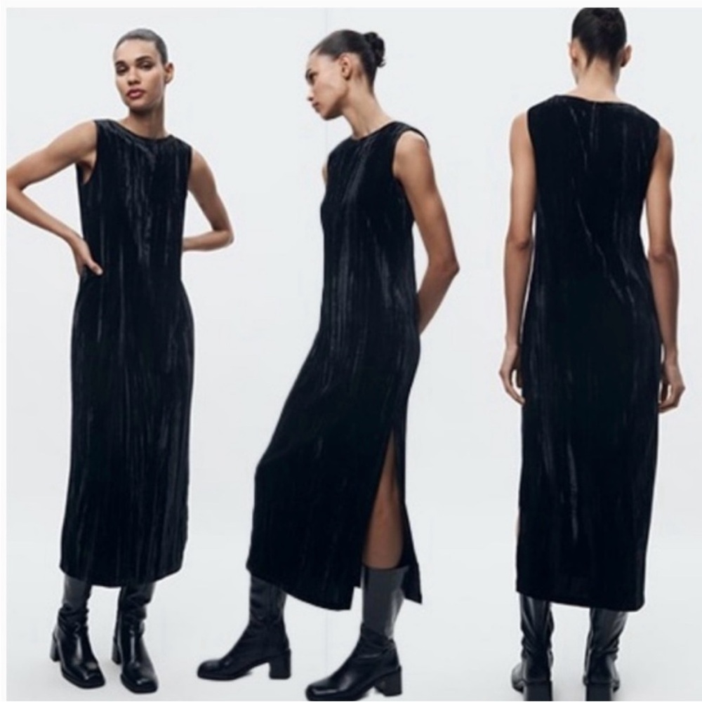 Zara brand new Elegant Black Sleeveless velvet slit midi Dress